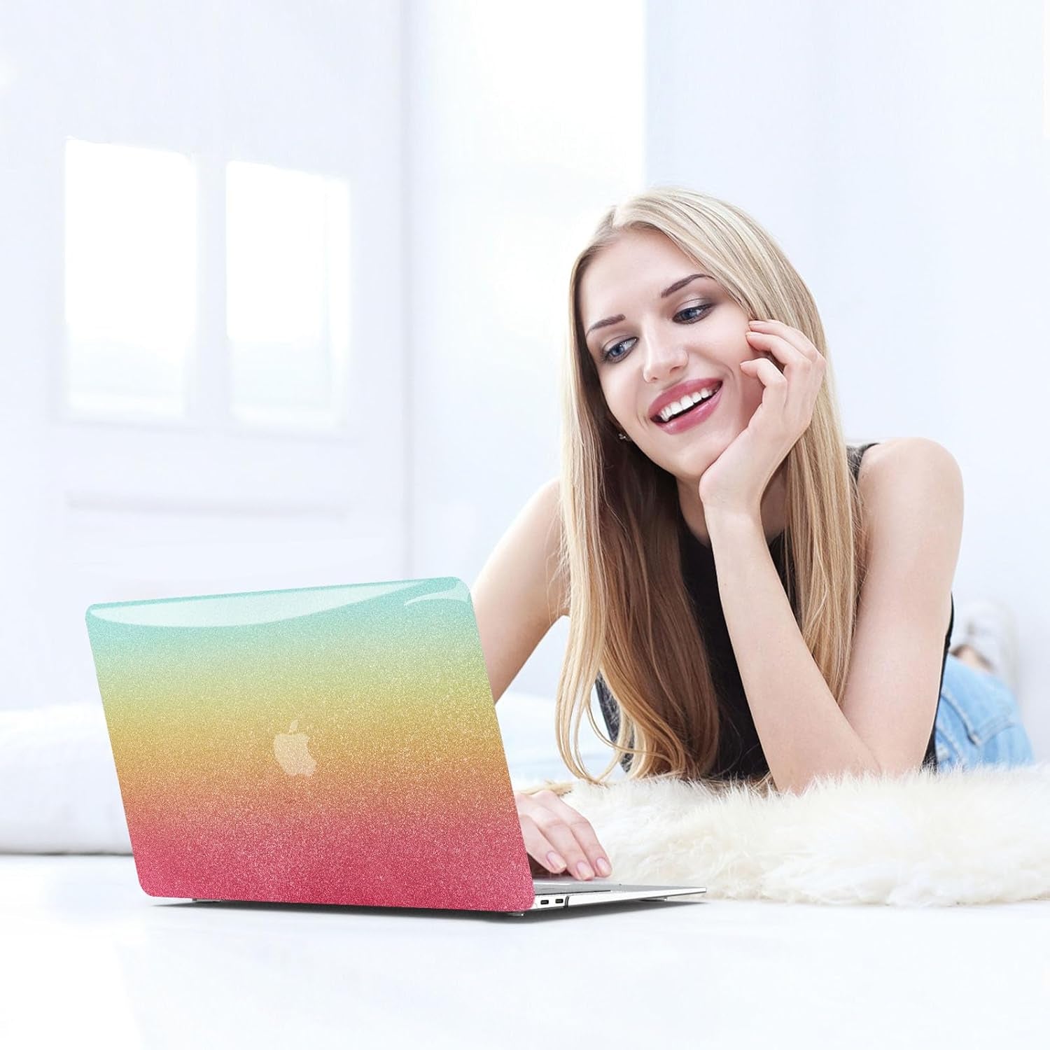 Compatible with Macbook Air 13 Inch Case 2022 2021 2020 2019 2018 M1 A2337 A2179 A1932, Plastic Hard Shell + Keyboard Cover + Screen Protector for Macbook Air 13.3 Inch Case, Shiny Rainbow