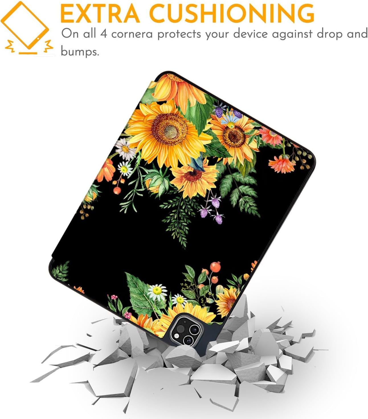 for Ipad Pro 12.9 Sunflower Case 2022 2021 2020 2018 6Th 5Th 4Th 3Rd Gen with Pencil Holder, Trifold Stand Protective Yellow Flower Floral Cover Auto Sleep Wake for A2378 A2229