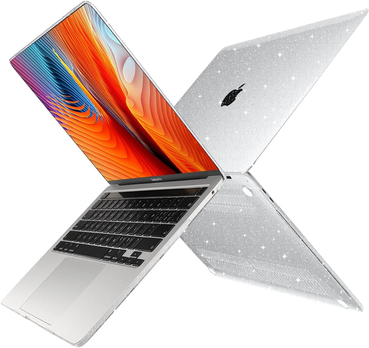 for New Macbook Pro 13 Case 2020 2022 A2338 M2 M1 A2289 A2251, Clear Glitter Plastic Hard Shell Case with Keyboard Cover & Screen Protector for Mac Pro-13 Inch Touch Bar,Transparent