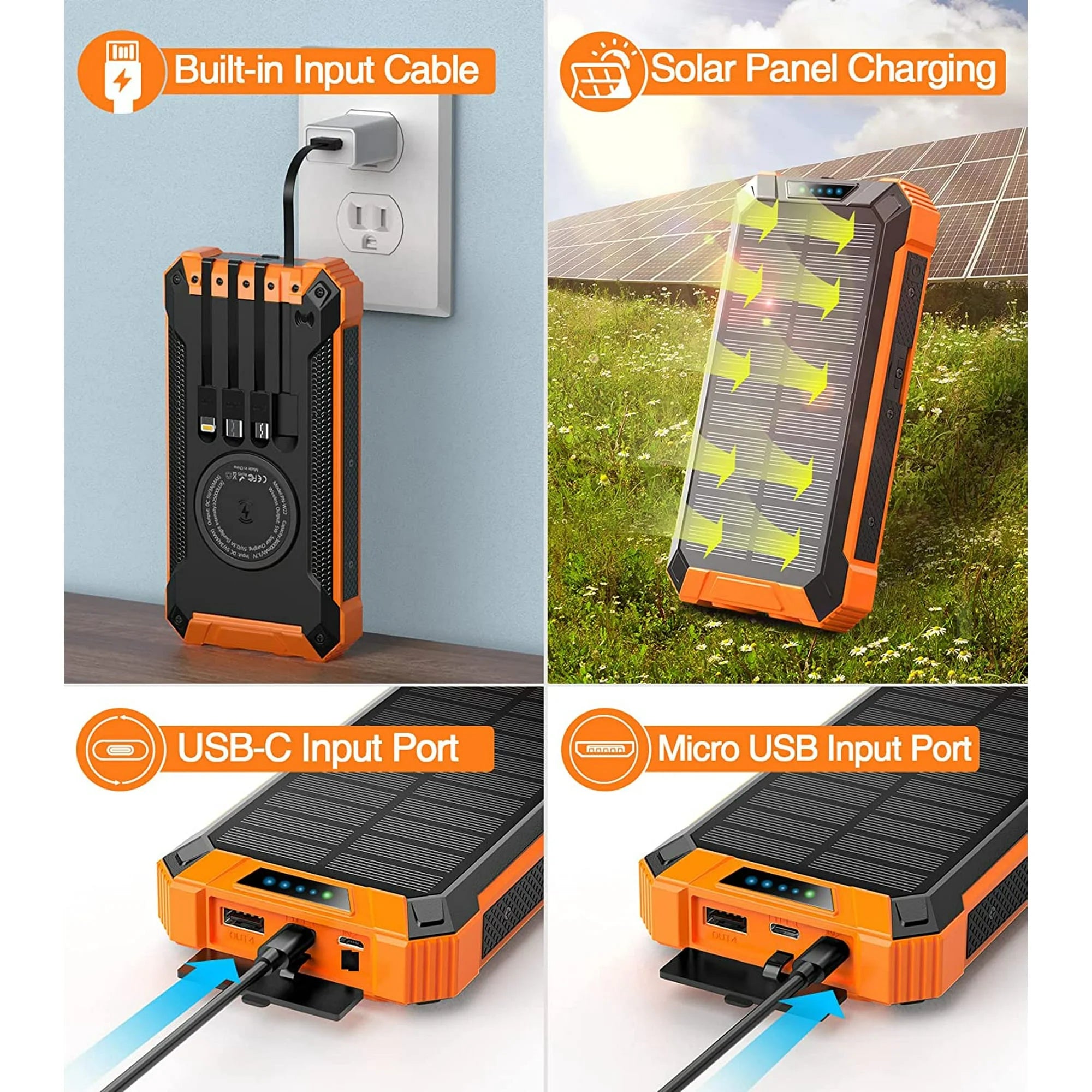 36000Mah Solar Charger Power Bank with 4 Cables, 15W Fast Charging Portable Charger for Cell Phone, Wireless Charger Solar Battery Pack with Dual Flashlights