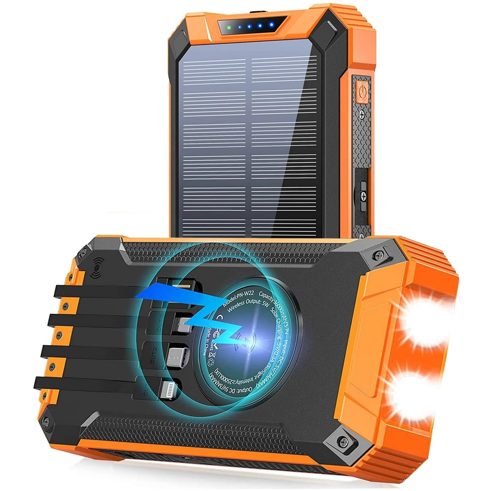 36000Mah Solar Charger Power Bank with 4 Cables, 15W Fast Charging Portable Charger for Cell Phone, Wireless Charger Solar Battery Pack with Dual Flashlights