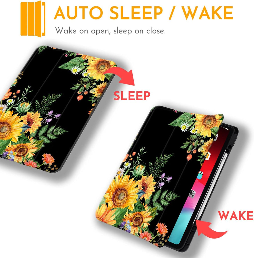 for Ipad Pro 12.9 Sunflower Case 2022 2021 2020 2018 6Th 5Th 4Th 3Rd Gen with Pencil Holder, Trifold Stand Protective Yellow Flower Floral Cover Auto Sleep Wake for A2378 A2229