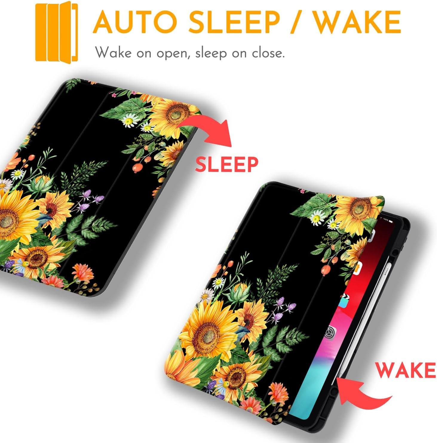 for Ipad Pro 12.9 Sunflower Case 2022 2021 2020 2018 6Th 5Th 4Th 3Rd Gen with Pencil Holder, Trifold Stand Protective Yellow Flower Floral Cover Auto Sleep Wake for A2378 A2229
