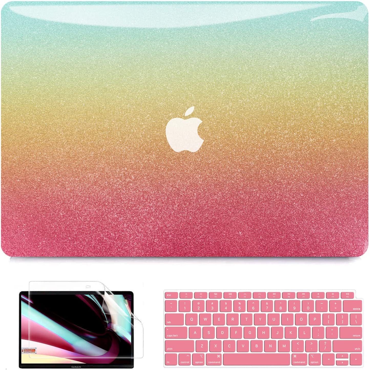 Compatible with Macbook Air 13 Inch Case 2022 2021 2020 2019 2018 M1 A2337 A2179 A1932, Plastic Hard Shell + Keyboard Cover + Screen Protector for Macbook Air 13.3 Inch Case, Shiny Rainbow