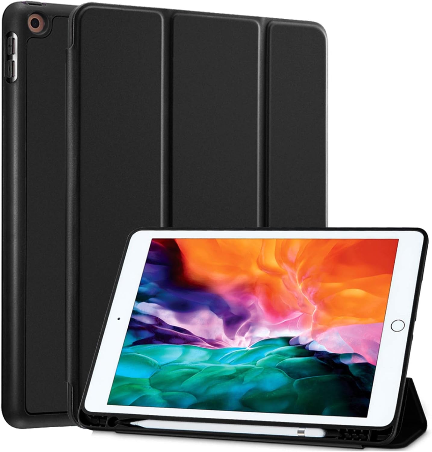 Apple iPad 9.7 Case (2018, 6th Generation, 2017, 5th Generation) with Pencil Holder, Slim Soft Silicone Smart Trifold Stand Protective Cover - Black