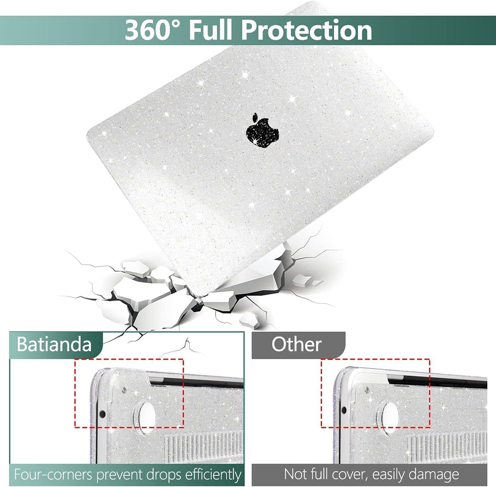 for New Macbook Pro 13 Case 2020 2022 A2338 M2 M1 A2289 A2251, Clear Glitter Plastic Hard Shell Case with Keyboard Cover & Screen Protector for Mac Pro-13 Inch Touch Bar,Transparent