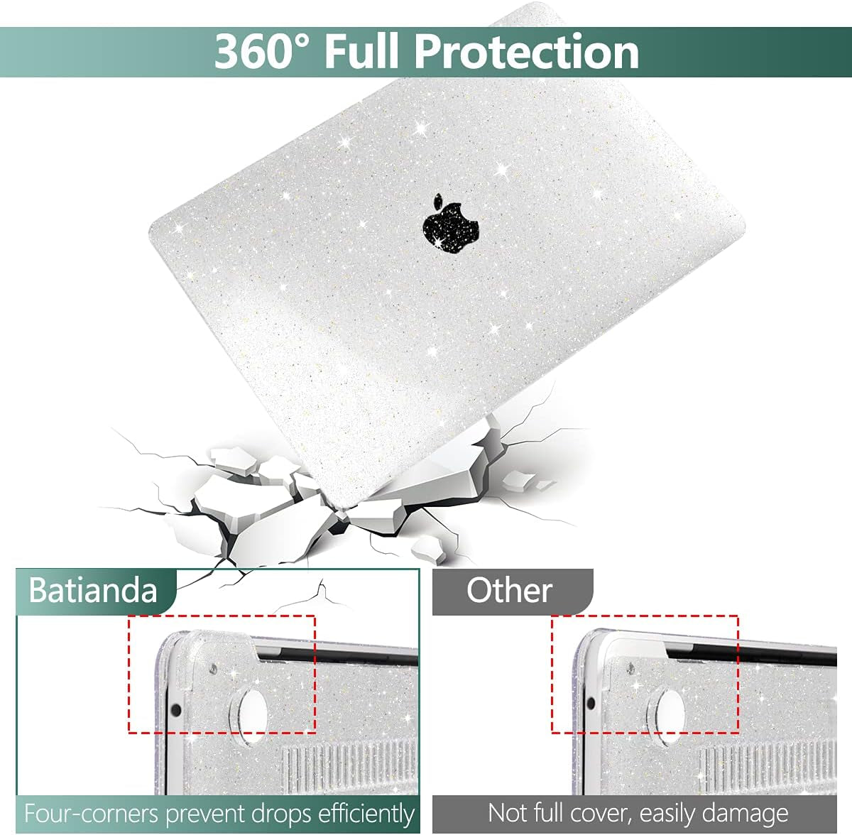 for New Macbook Pro 13 Case 2020 2022 A2338 M2 M1 A2289 A2251, Clear Glitter Plastic Hard Shell Case with Keyboard Cover & Screen Protector for Mac Pro-13 Inch Touch Bar,Transparent