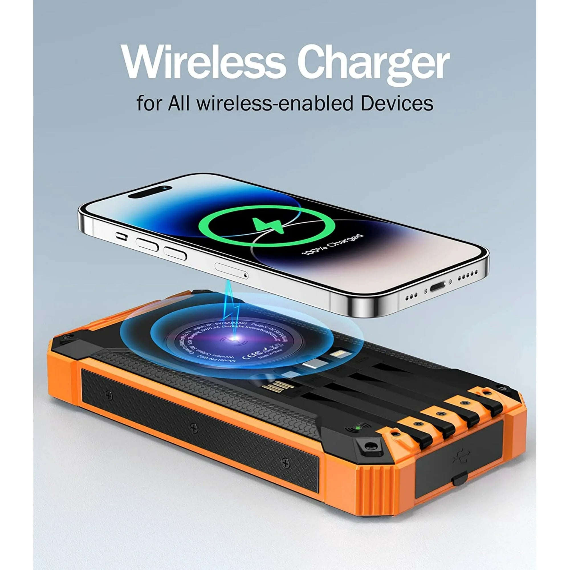 36000Mah Solar Charger Power Bank with 4 Cables, 15W Fast Charging Portable Charger for Cell Phone, Wireless Charger Solar Battery Pack with Dual Flashlights