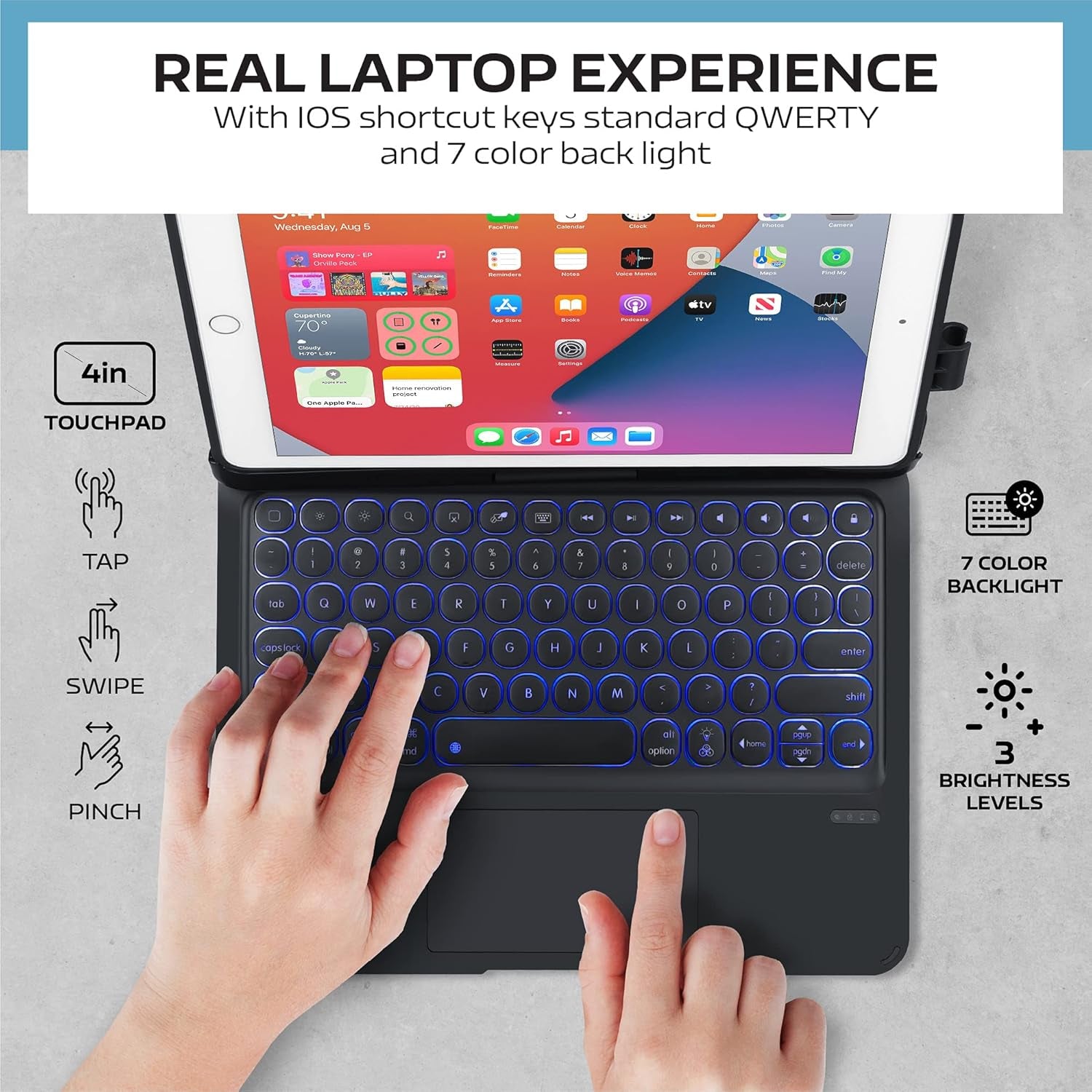 Keyboard Case for Ipad Pro 9.7 Inch 6Th Generation (2018) & 5Th Gen(2017), 360° Rotatable Ipad Air 2&Air 1 Case with Keyboard, Multi-Touch Trackpad, 7 Color Backlit (Black)