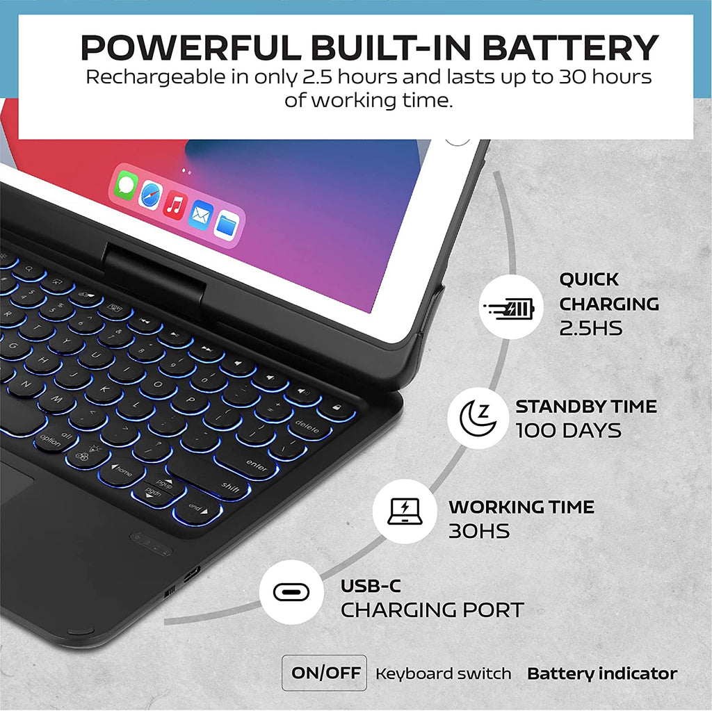 Keyboard Case for Ipad Pro 9.7 Inch 6Th Generation (2018) & 5Th Gen(2017), 360° Rotatable Ipad Air 2&Air 1 Case with Keyboard, Multi-Touch Trackpad, 7 Color Backlit (Black)