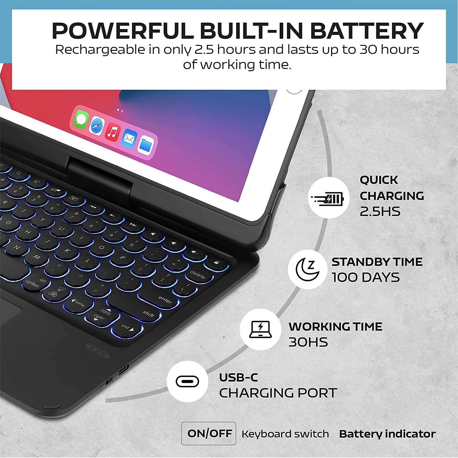 Keyboard Case for Ipad Pro 9.7 Inch 6Th Generation (2018) & 5Th Gen(2017), 360° Rotatable Ipad Air 2&Air 1 Case with Keyboard, Multi-Touch Trackpad, 7 Color Backlit (Black)