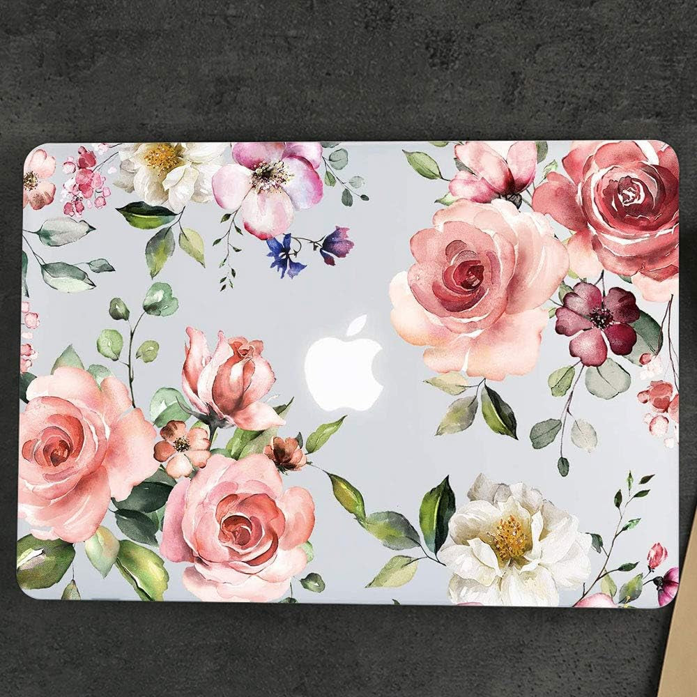 Macbook Air 13 Inch Clear Case 2020 2019 2018 Release A2337 M1 A2179 A1932, Flower Soft Touch Hard Shell Case & Retina Display Fits Touch ID with Keyboard Cover, Watercolor Pink Roses Floral