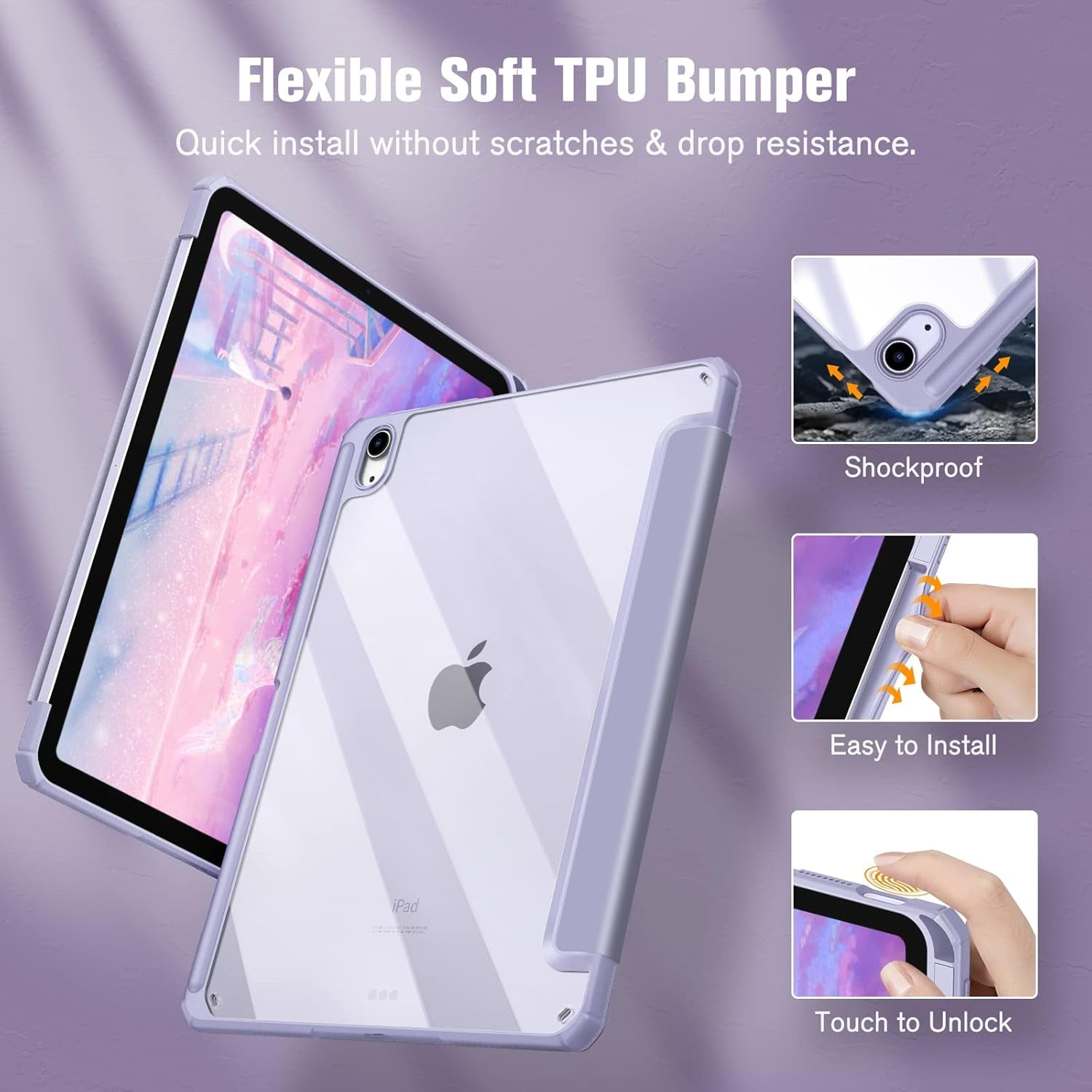 Hybrid Slim Case for Ipad Air 11-Inch M3 (2025) / M2 (2024), Ipad Air 5Th (2022) / 4Th Generation (2020) 10.9 Inch - Shockproof Cover with Clear Back Shell & Pencil Holder, Lilac Purple