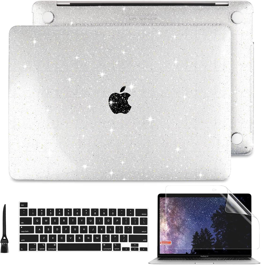 for New Macbook Pro 13 Case 2020 2022 A2338 M2 M1 A2289 A2251, Clear Glitter Plastic Hard Shell Case with Keyboard Cover & Screen Protector for Mac Pro-13 Inch Touch Bar,Transparent