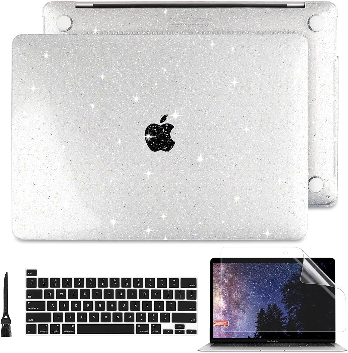for New Macbook Pro 13 Case 2020 2022 A2338 M2 M1 A2289 A2251, Clear Glitter Plastic Hard Shell Case with Keyboard Cover & Screen Protector for Mac Pro-13 Inch Touch Bar,Transparent