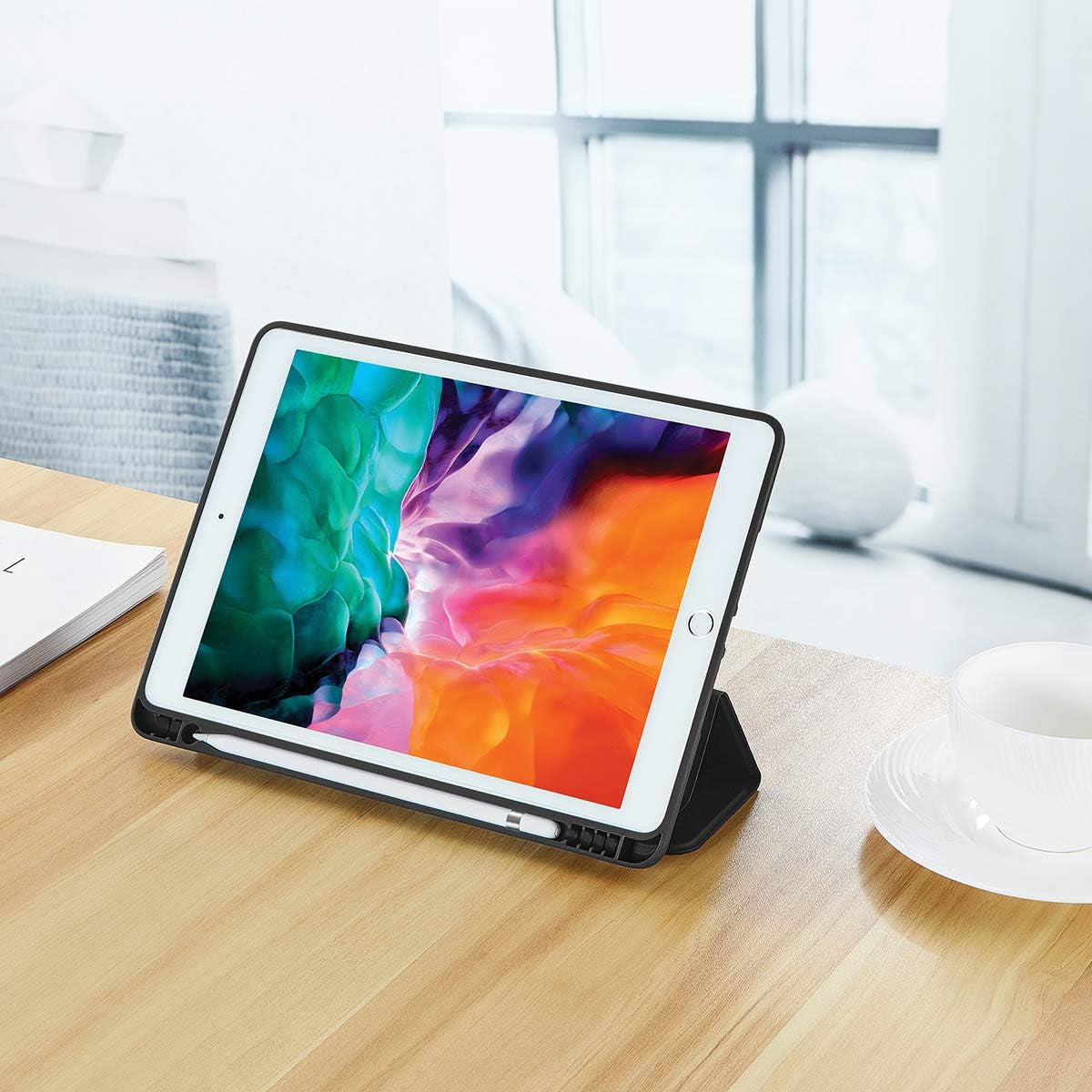 Apple iPad 9.7 Case (2018, 6th Generation, 2017, 5th Generation) with Pencil Holder, Slim Soft Silicone Smart Trifold Stand Protective Cover - Black