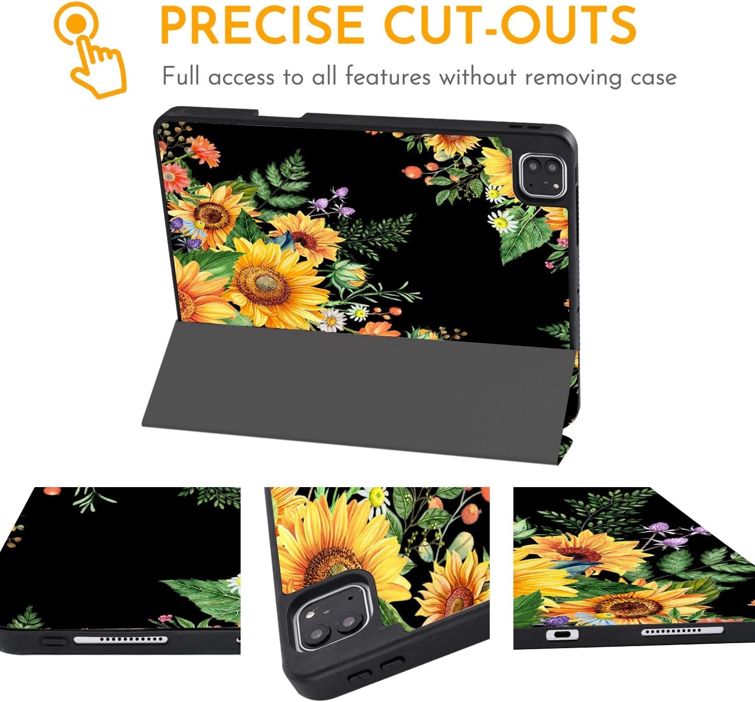 for Ipad Pro 12.9 Sunflower Case 2022 2021 2020 2018 6Th 5Th 4Th 3Rd Gen with Pencil Holder, Trifold Stand Protective Yellow Flower Floral Cover Auto Sleep Wake for A2378 A2229
