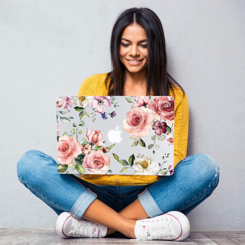 Macbook Air 13 Inch Clear Case 2020 2019 2018 Release A2337 M1 A2179 A1932, Flower Soft Touch Hard Shell Case & Retina Display Fits Touch ID with Keyboard Cover, Watercolor Pink Roses Floral