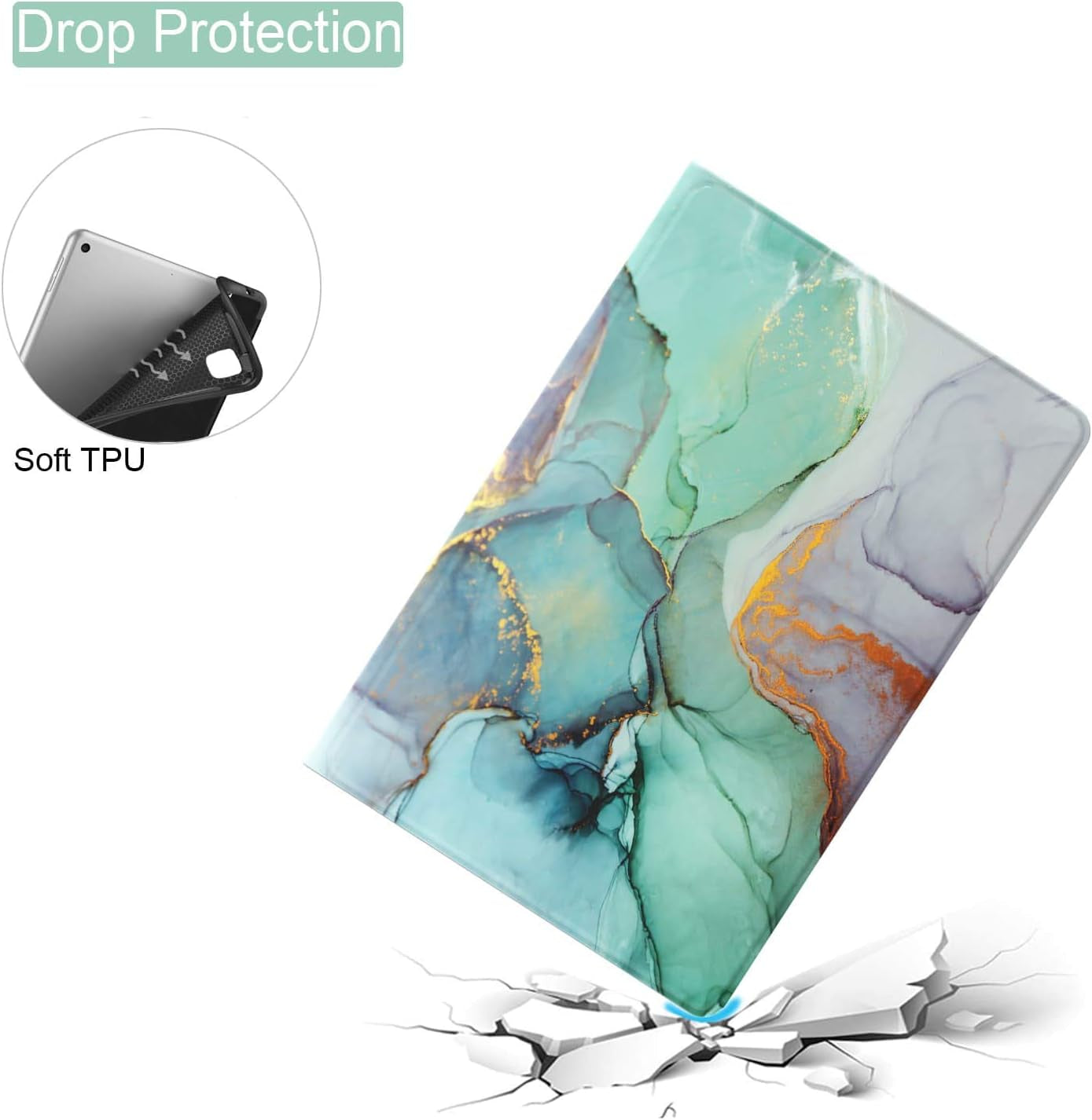 Slim Case for iPad 6th Generation and iPad Air 2 with Smart Auto Sleep Flip Stand Cover, 9.7 Inch, Green Marble