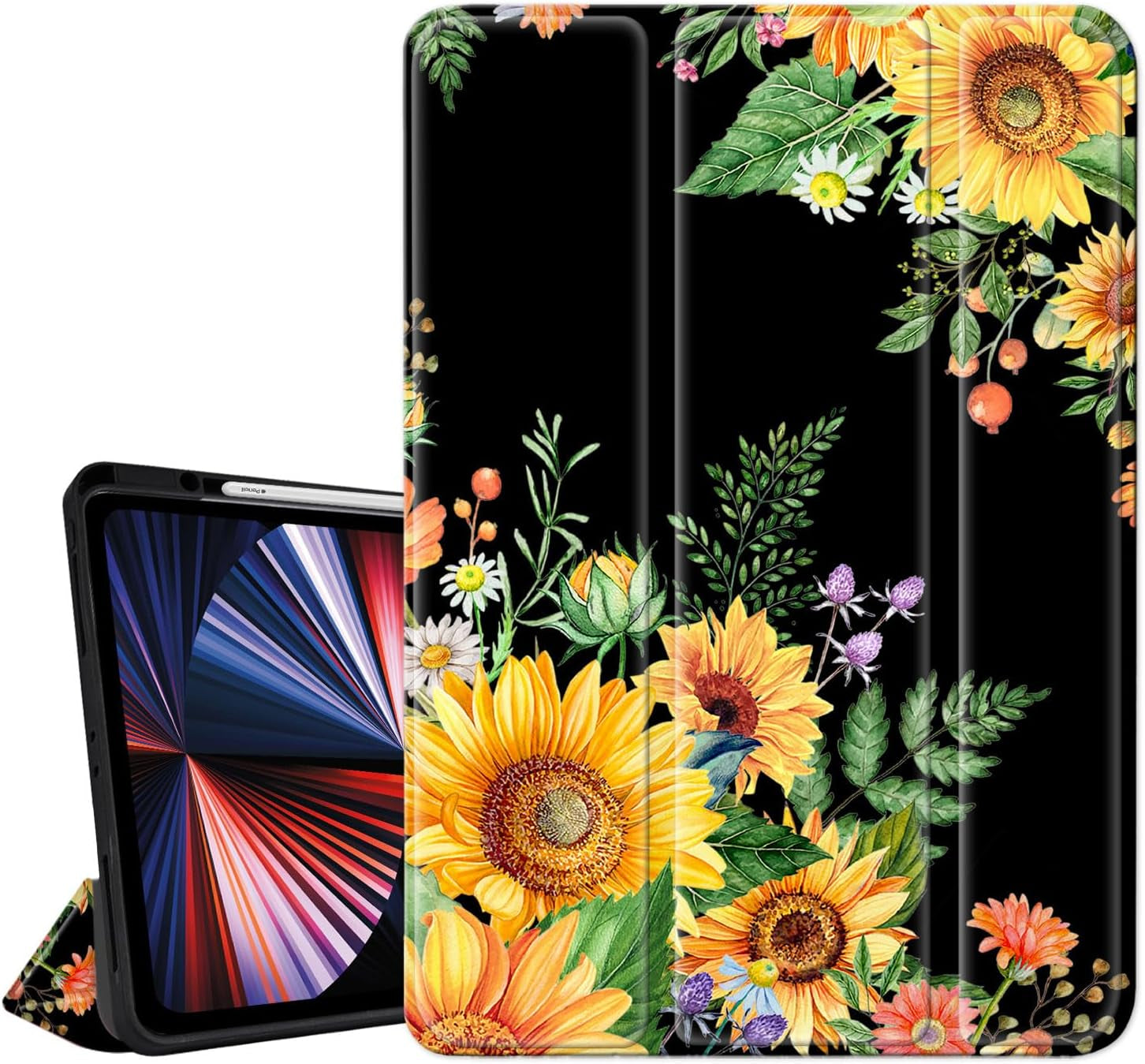 for Ipad Pro 12.9 Sunflower Case 2022 2021 2020 2018 6Th 5Th 4Th 3Rd Gen with Pencil Holder, Trifold Stand Protective Yellow Flower Floral Cover Auto Sleep Wake for A2378 A2229