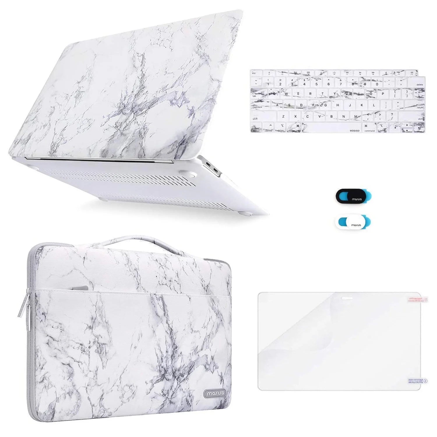 5 in 1 New Macbook Air 13 Inch Case A1932 2019 2018 Release, Hard Case Shell Cover&Sleeve Bag for Apple Macbook Air 13'' with Retina Display Andtouch ID, White Marble