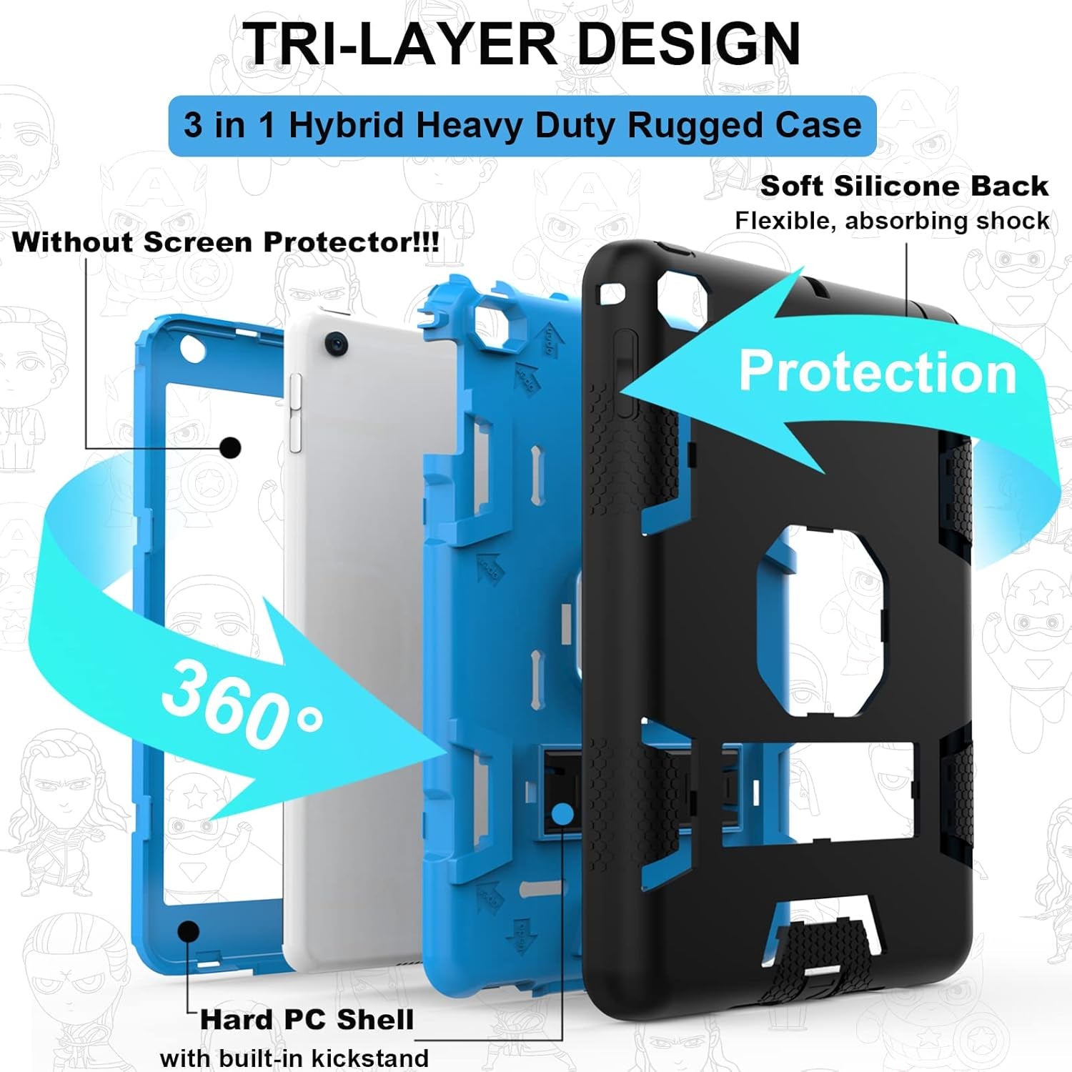Ipad Mini 5 Case 2019, Ipad Mini 4 Case 2015, Heavy Duty Shockproof Hybrid Protective Cover for Ipad Mini 5Th/4Th Generation 7.9 Inch for Kids Boys Child, Black+Sky Blue