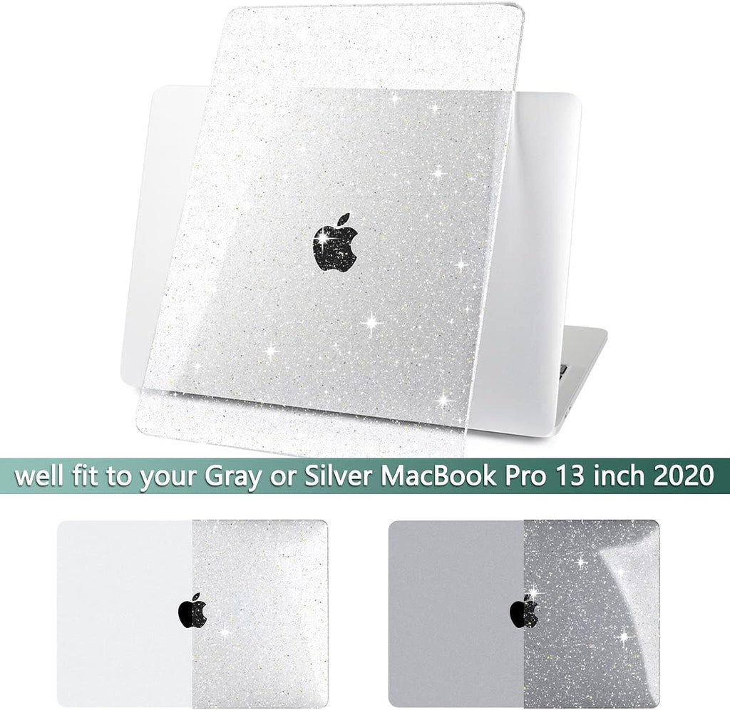 for New Macbook Pro 13 Case 2020 2022 A2338 M2 M1 A2289 A2251, Clear Glitter Plastic Hard Shell Case with Keyboard Cover & Screen Protector for Mac Pro-13 Inch Touch Bar,Transparent
