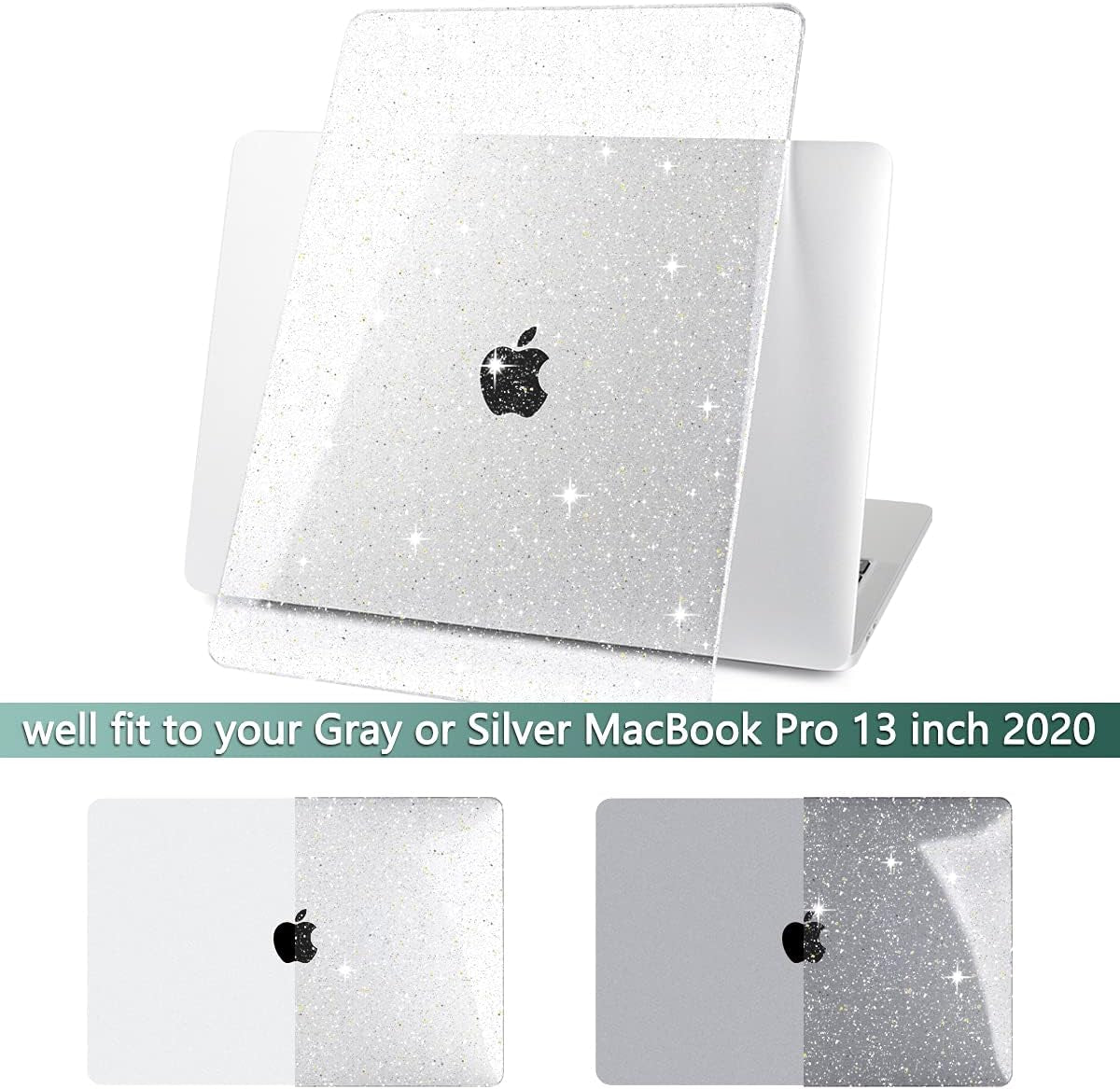 for New Macbook Pro 13 Case 2020 2022 A2338 M2 M1 A2289 A2251, Clear Glitter Plastic Hard Shell Case with Keyboard Cover & Screen Protector for Mac Pro-13 Inch Touch Bar,Transparent