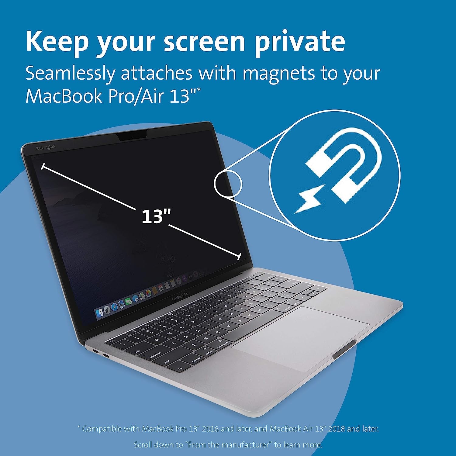 MP13 Magnetic Macbook Pro Privacy Screen for 13 Inch (2016-2022, M1, M2)/ Macbook Air 13 Inch (2018-2021, M1), Removable Laptop Privacy Filter, Macbook Mac Screen Protector, K64490WW