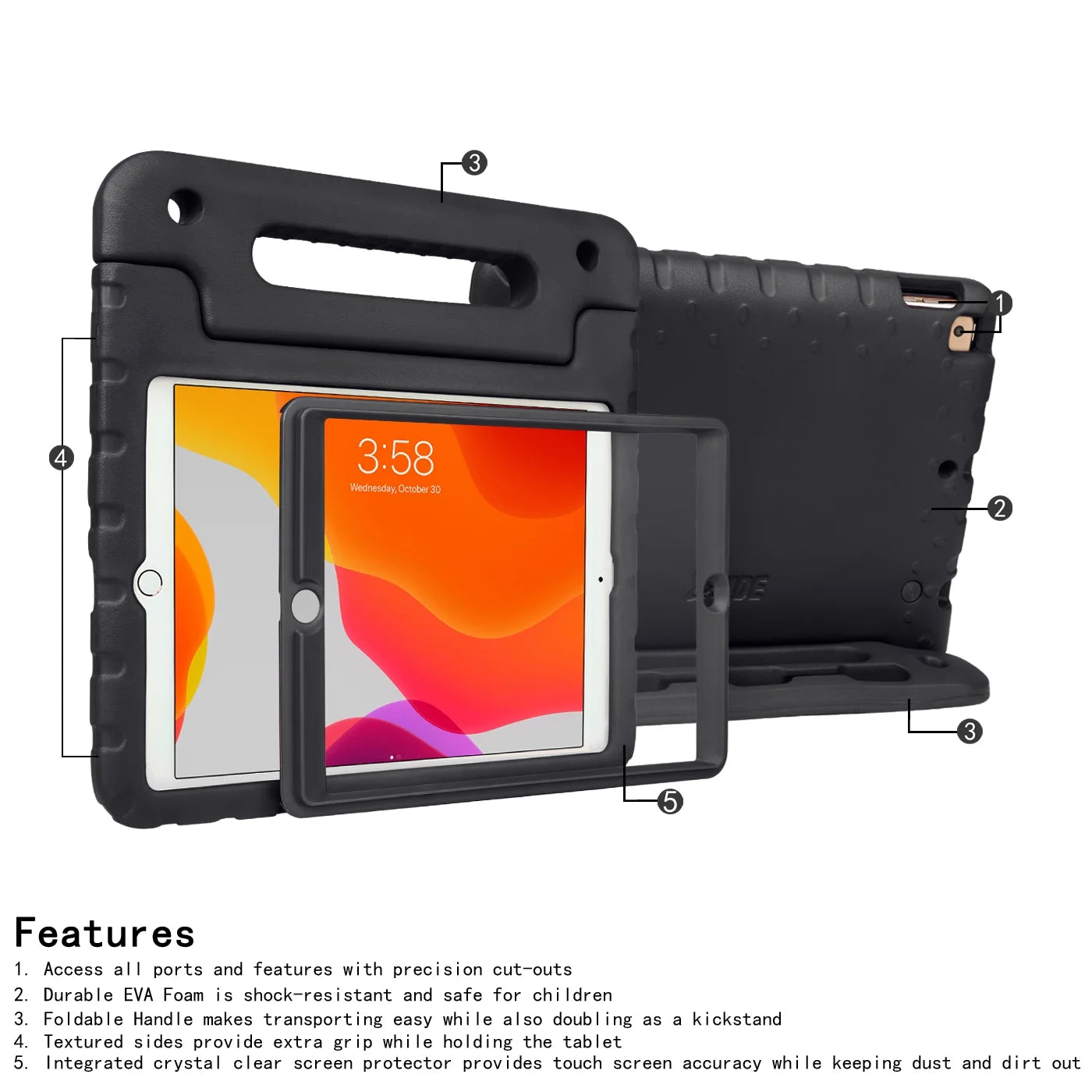Kids iPad Case with Built-In Screen Protector for {2021 9Th Generation iPad 10.2 Inch, 2020 8Th Gen} , Black