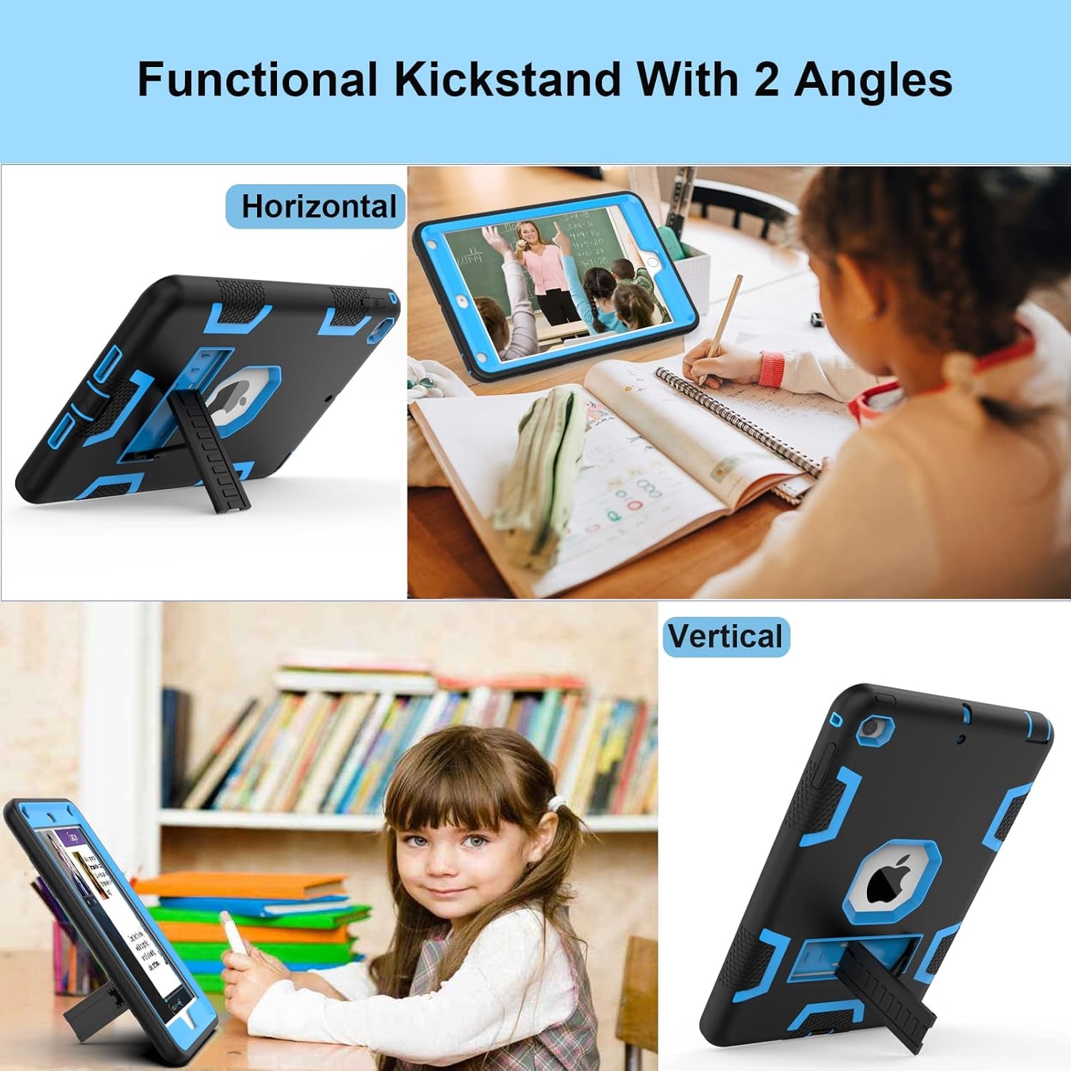Ipad Mini 5 Case 2019, Ipad Mini 4 Case 2015, Heavy Duty Shockproof Hybrid Protective Cover for Ipad Mini 5Th/4Th Generation 7.9 Inch for Kids Boys Child, Black+Sky Blue