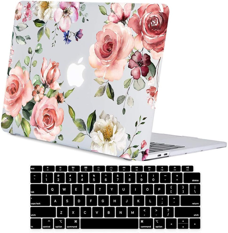 Macbook Air 13 Inch Clear Case 2020 2019 2018 Release A2337 M1 A2179 A1932, Flower Soft Touch Hard Shell Case & Retina Display Fits Touch ID with Keyboard Cover, Watercolor Pink Roses Floral